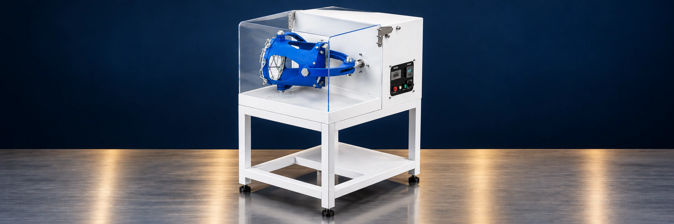 3D blend equipment example on a stainless steel surface against a navy background