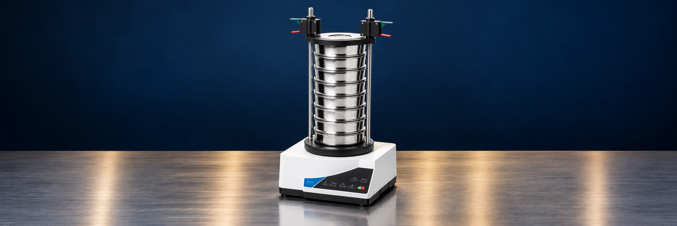 Laboratory sieve shaker and stainless steel sieve stack against a navy background