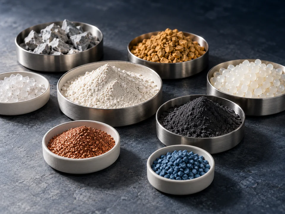 Powders, minerals and polymer samples arranged in stainless steel dishes