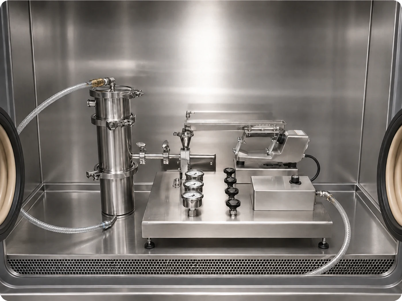 Fluid Energy Model 00 JET-O-MIZER Jet Mill for fine grinding powders using compressed gas, shown integrated into a glovebox enclosure