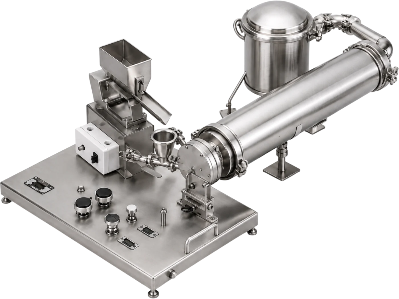 Fluid Energy Model 02 JET-O-MIZER Jet Mill for fine grinding powders using compressed gas, shown with sleeve filtration and collection fittings