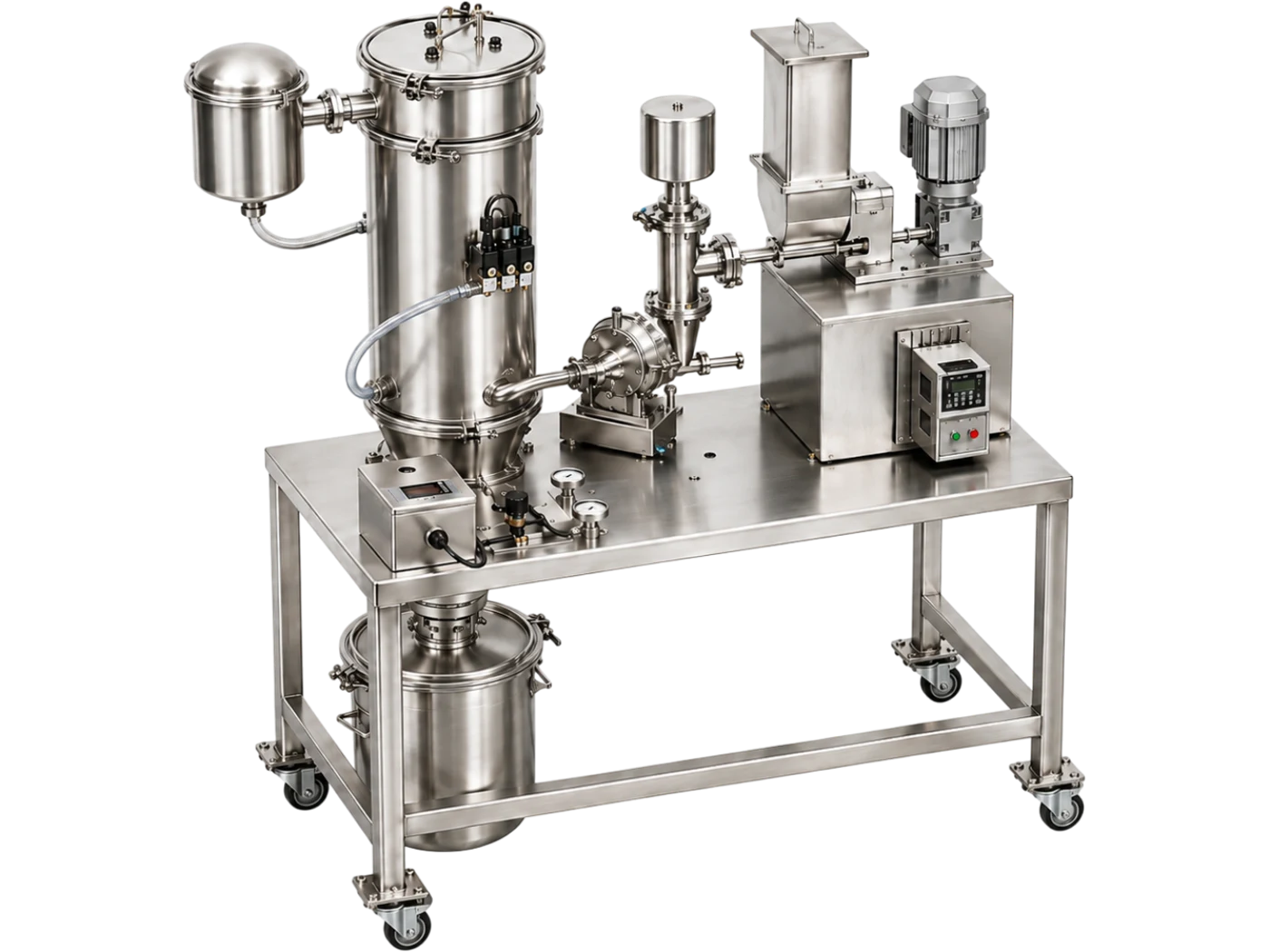 Fluid Energy Model 02 JET-O-MIZER Jet Mill for fine grinding powders using compressed gas, table-mounted configuration with feed and collection vessels