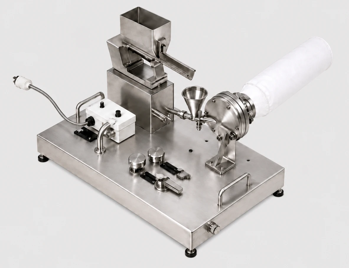 Fluid Energy Model 02 JET-O-MIZER Jet Mill for fine grinding powders using compressed gas, tray-mounted configuration with feed funnel and collection bag