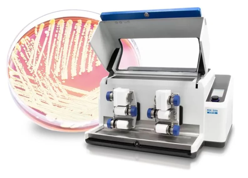 RETSCH MM 500 vario Mixer Mill for grinding and homogenizing small samples, shown with sample adapters for biological preparation