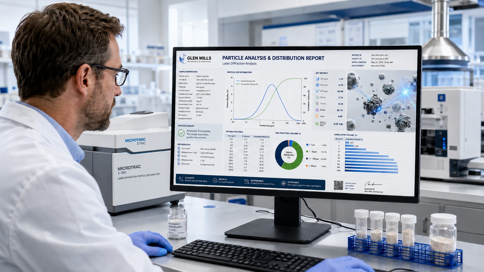 Illustration of particle distribution data being reviewed in a laboratory