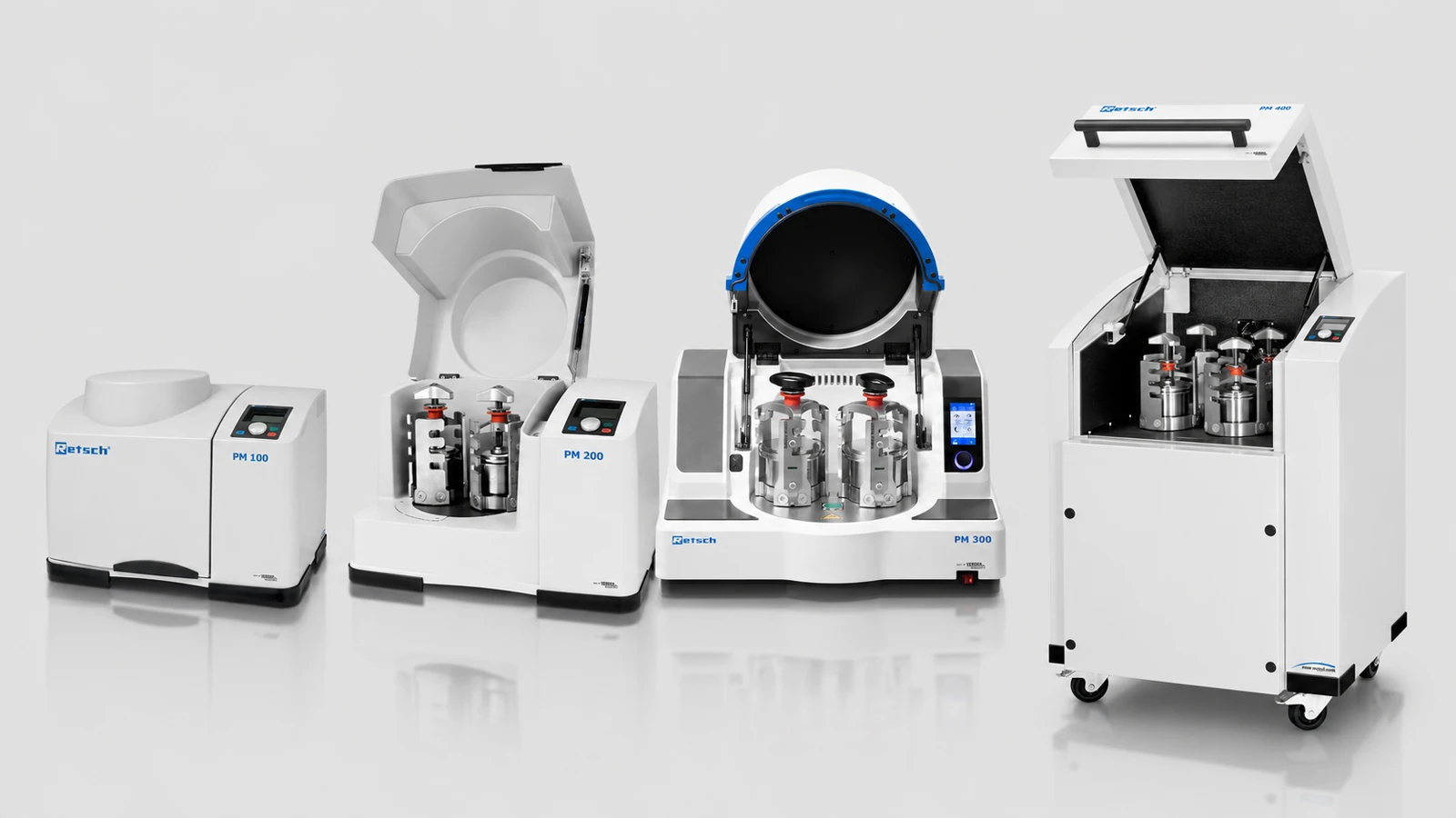 PM 100, PM 200, PM 300 and PM 400 planetary ball mill family