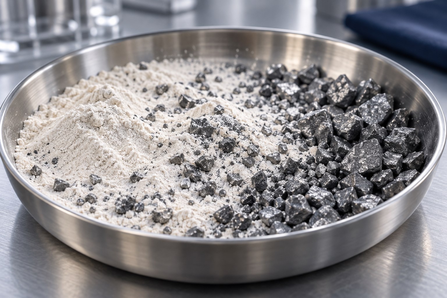 Fine pale powder beside coarse dark granules in a sample dish