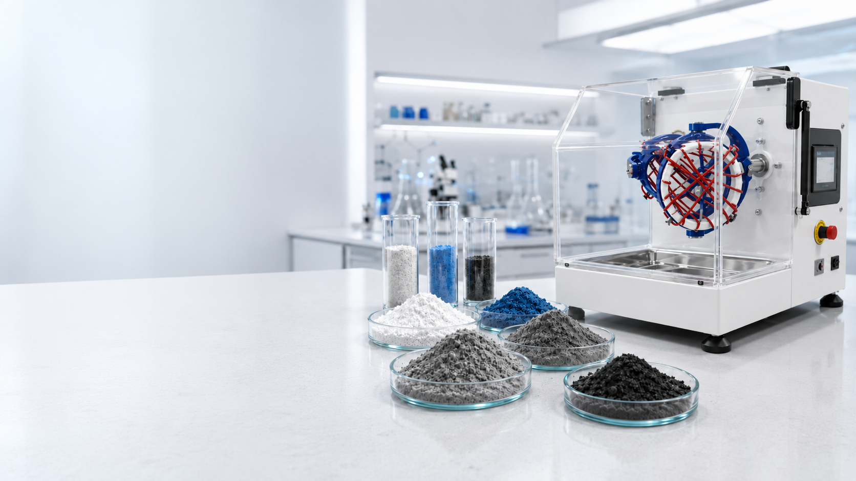 Alphie powder blender with removable mixing container and powder samples in a laboratory