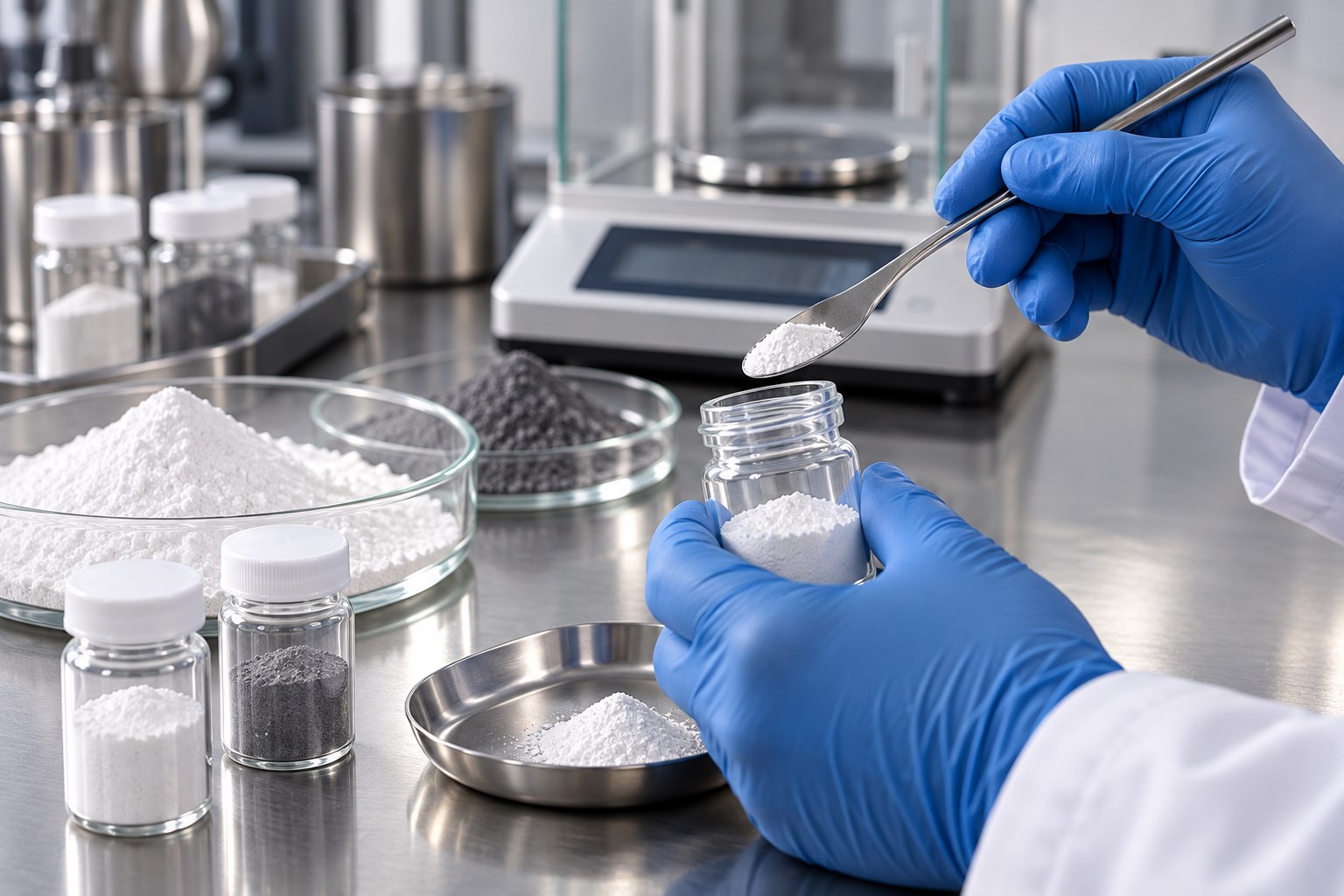 Material testing for powder mixing applications