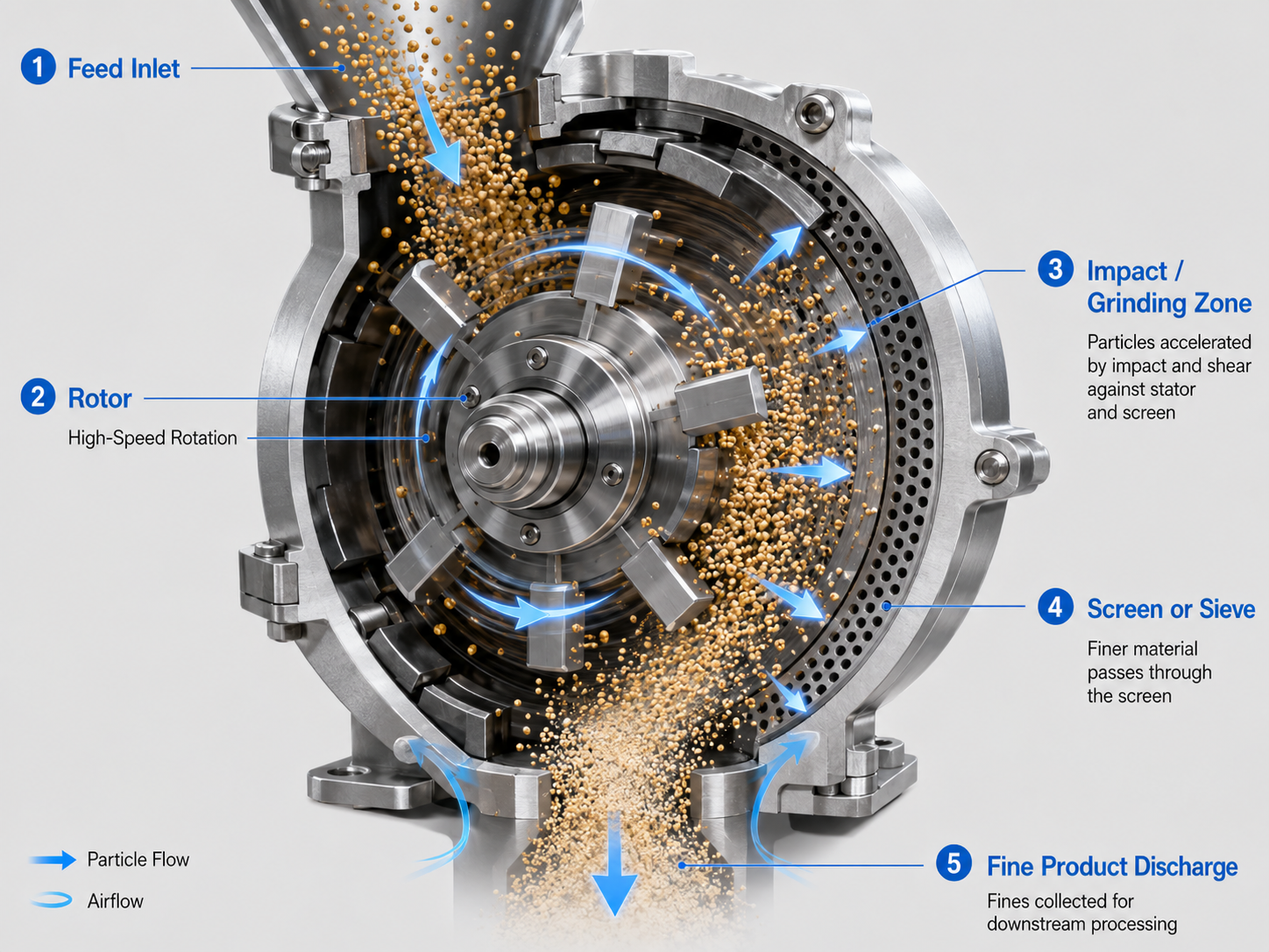 Illustration of rotor milling feed, impact zone, screen and discharge