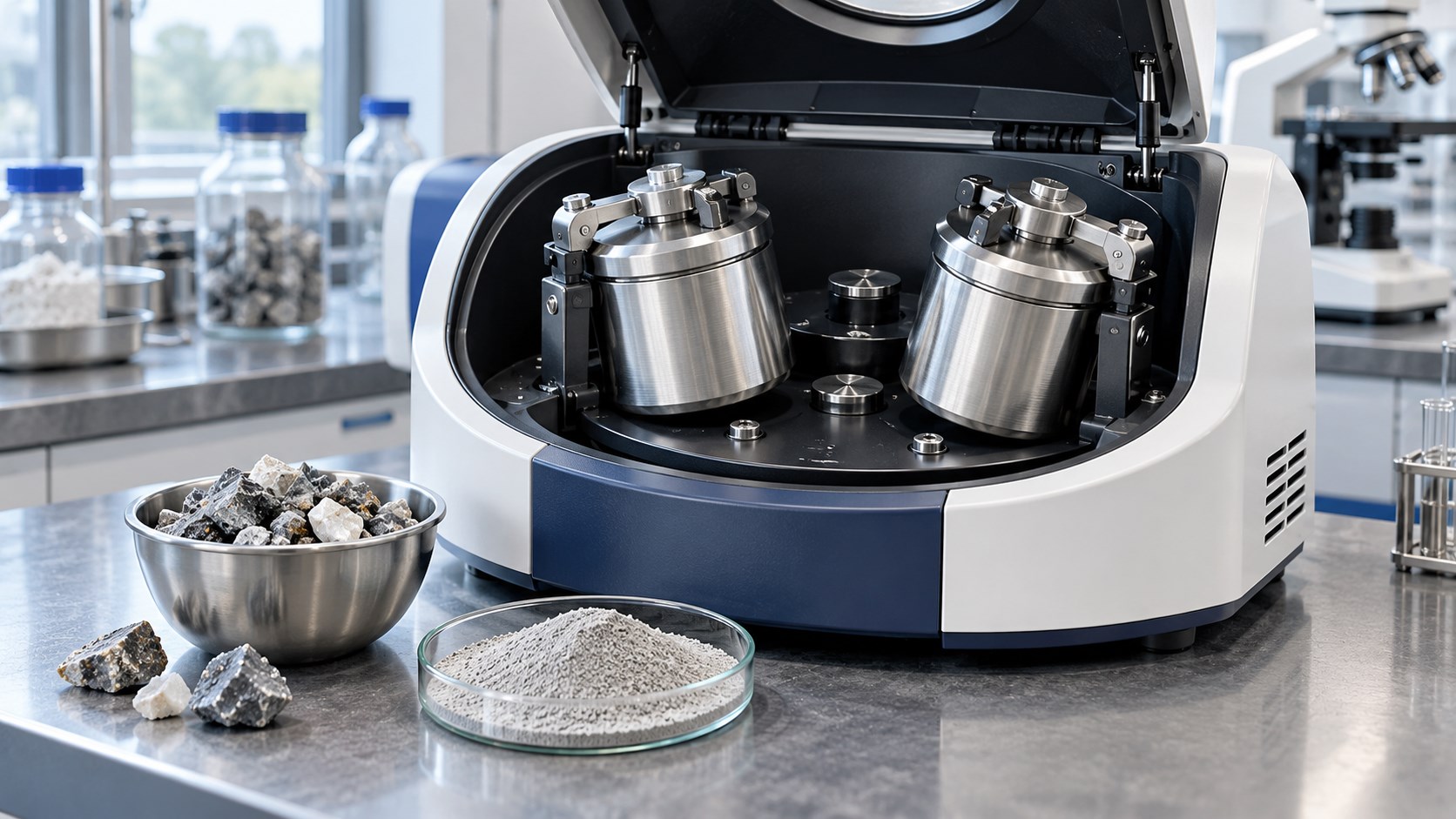 Laboratory milling equipment, grinding jars and material samples