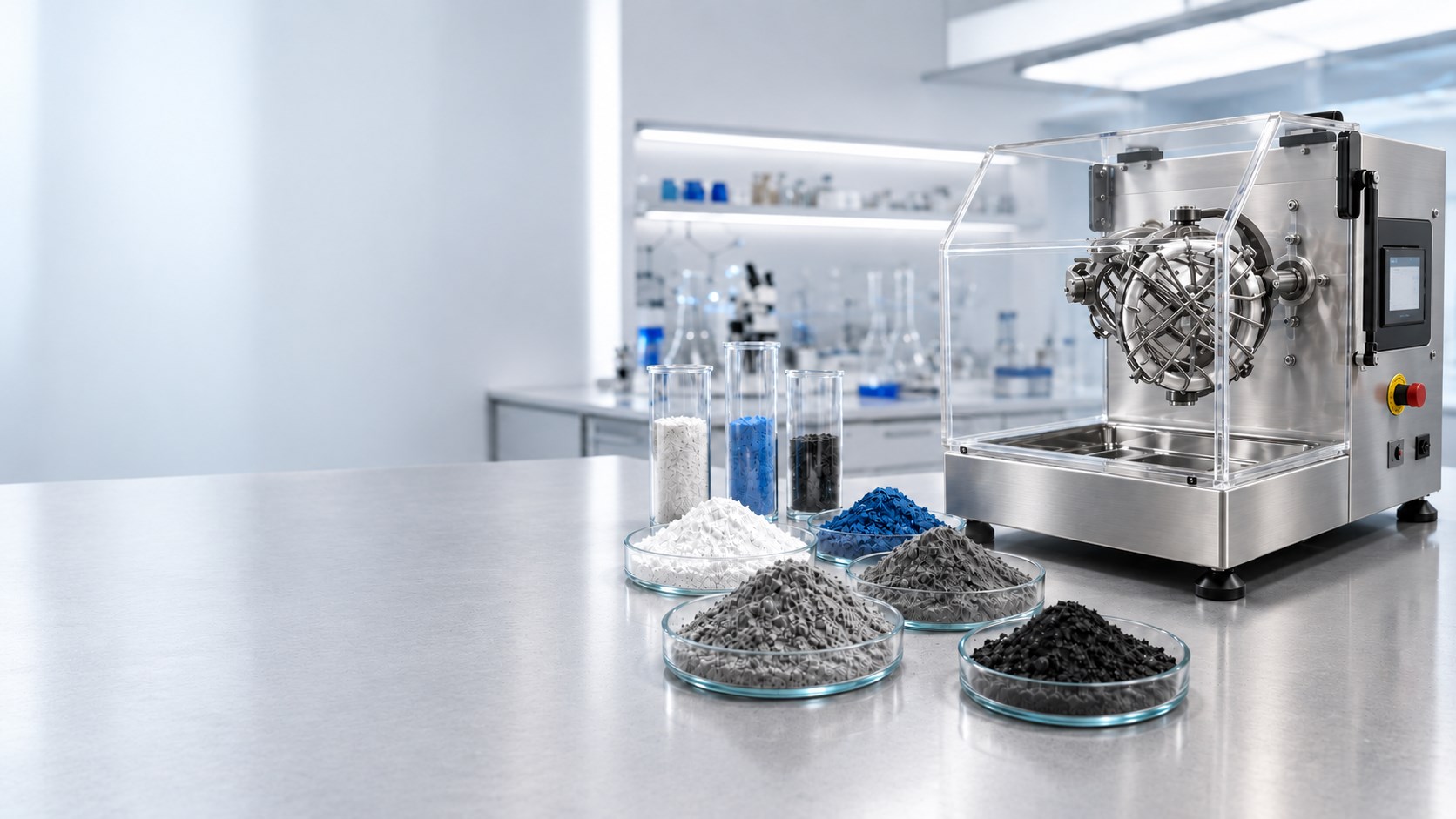 Stainless steel 3D inversion powder blender and different powder samples