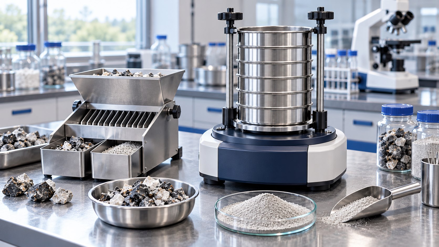 Stainless steel laboratory sieve shaker, riffle sample divider and material samples