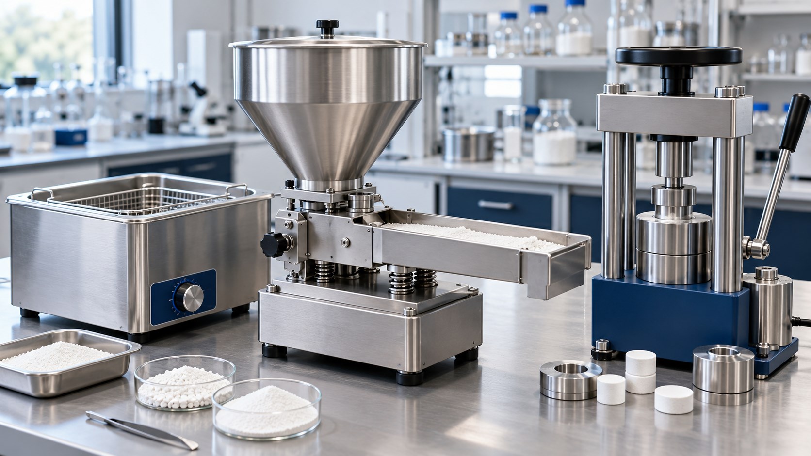 Laboratory powder feeder, ultrasonic bath and pellet press